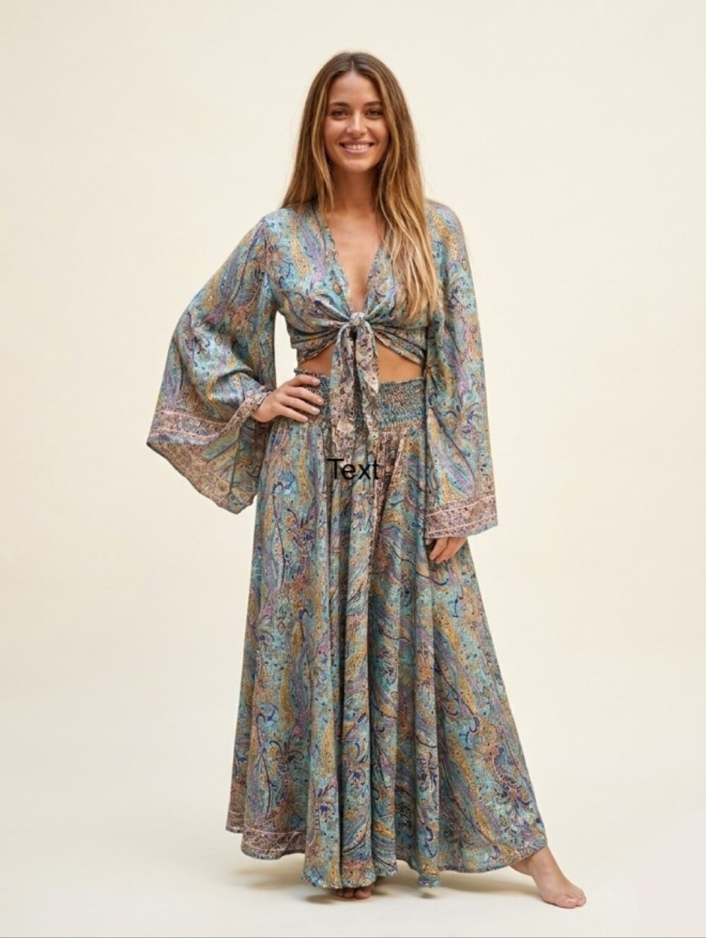 Silk Blend Wide Leg Pant and Wrap Top Multicolor Paisley Set NWT